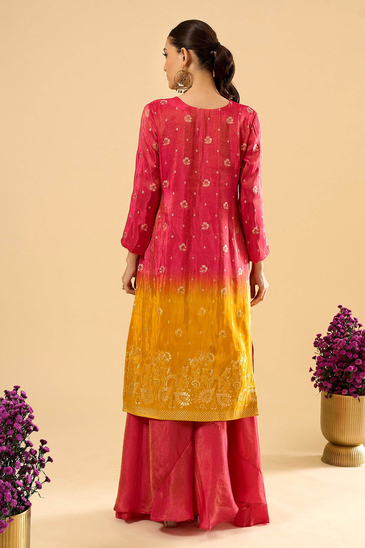 Pink Yellow Viscose Jacquard Hand Work Palazzo Suit (Readymade)