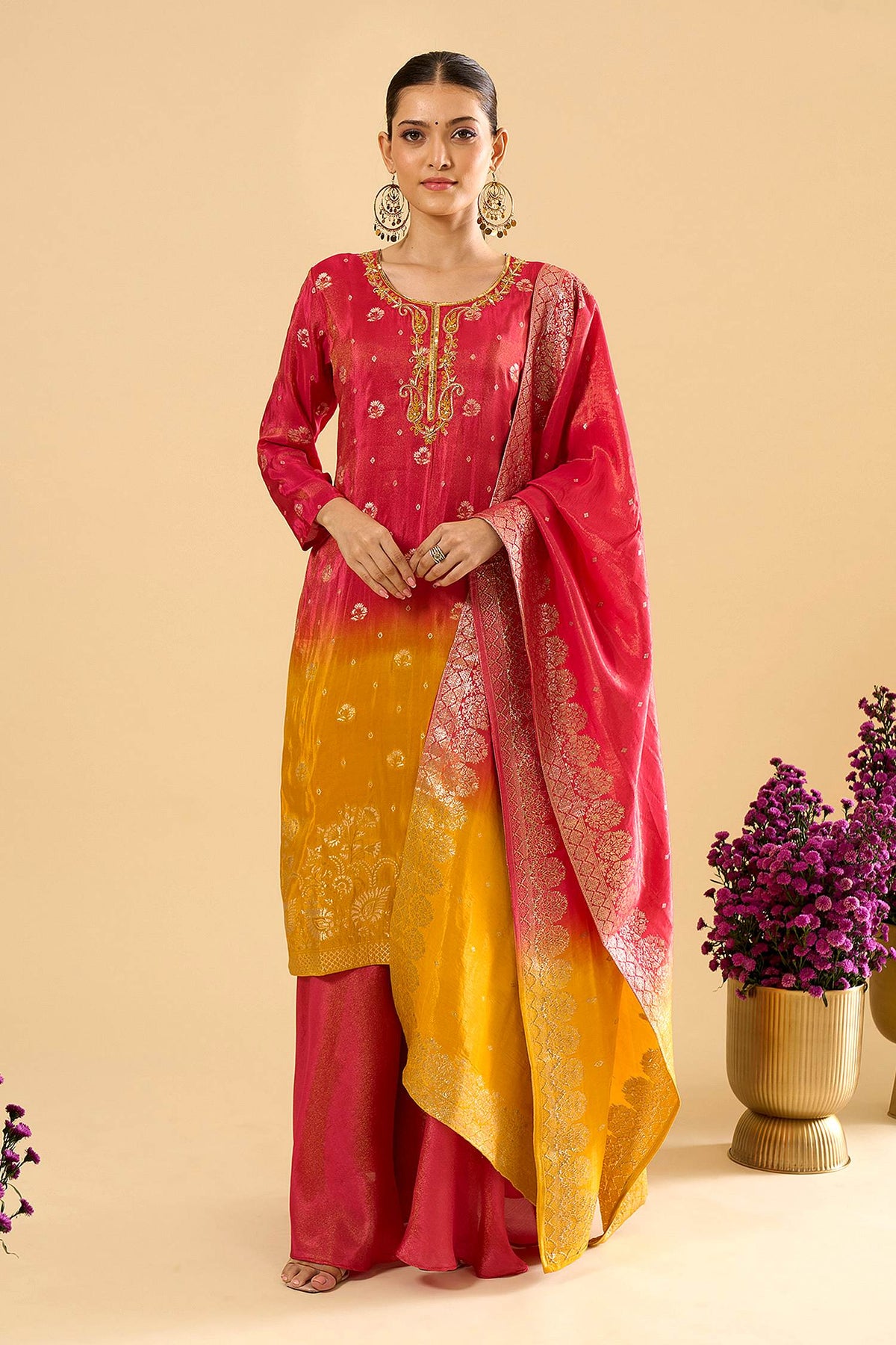 Pink Yellow Viscose Jacquard Hand Work Palazzo Suit (Readymade)