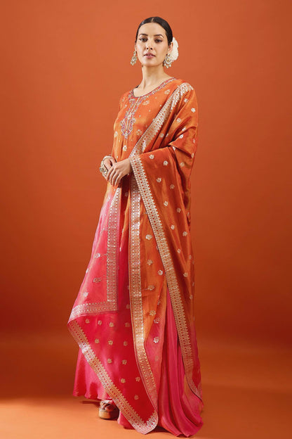 Rust Pink Viscose Jacquard Hand Work Palazzo Suit (Readymade)