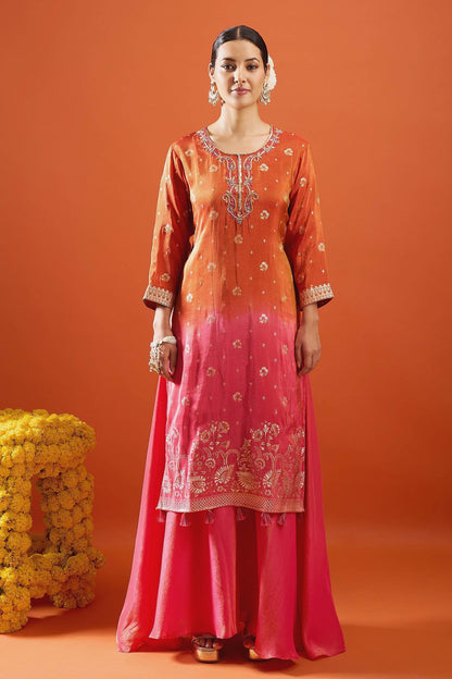 Rust Pink Viscose Jacquard Hand Work Palazzo Suit (Readymade)