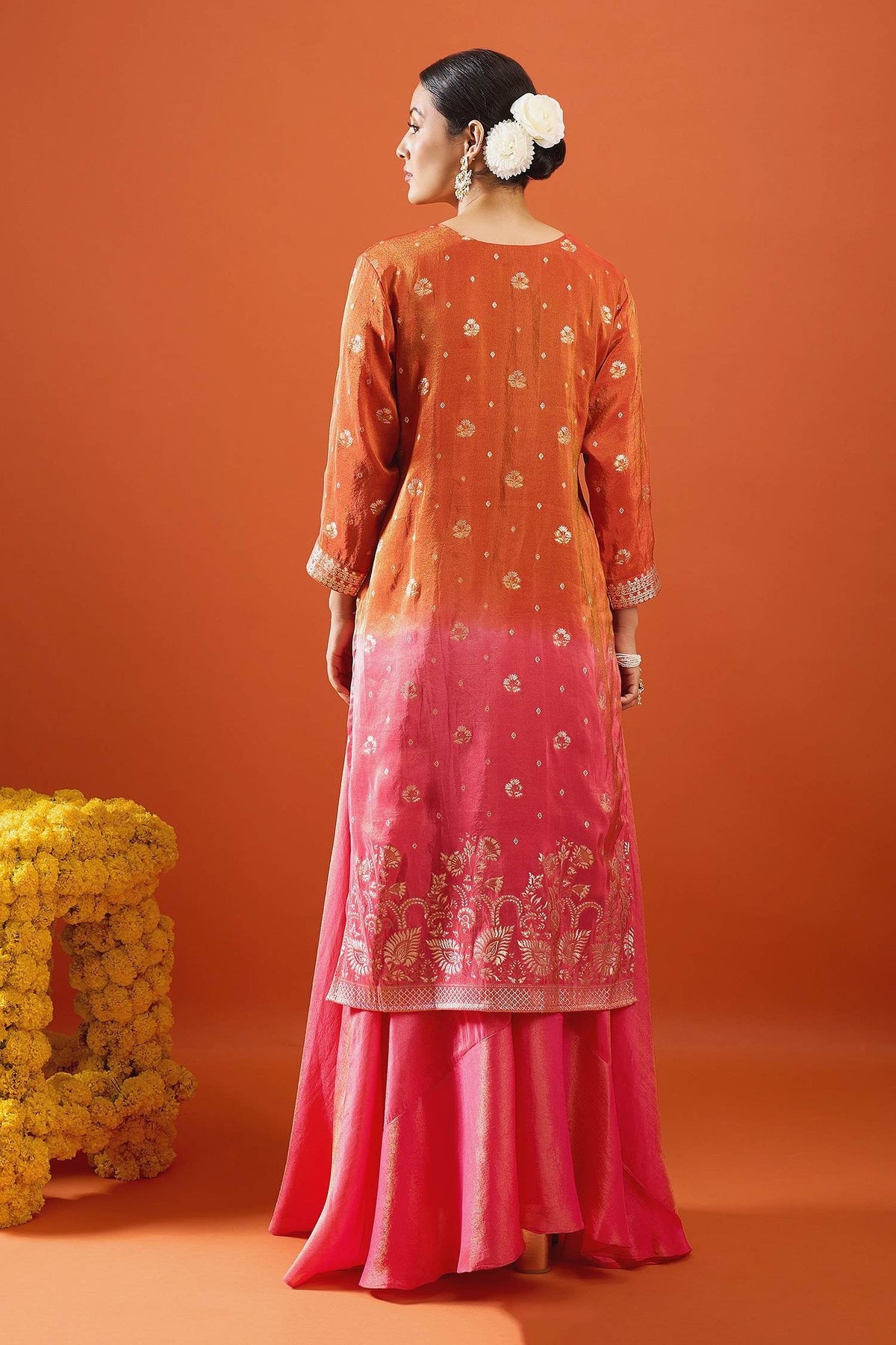 Rust Pink Viscose Jacquard Hand Work Palazzo Suit (Readymade)