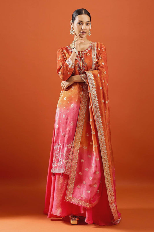 Rust Pink Viscose Jacquard Hand Work Palazzo Suit (Readymade)