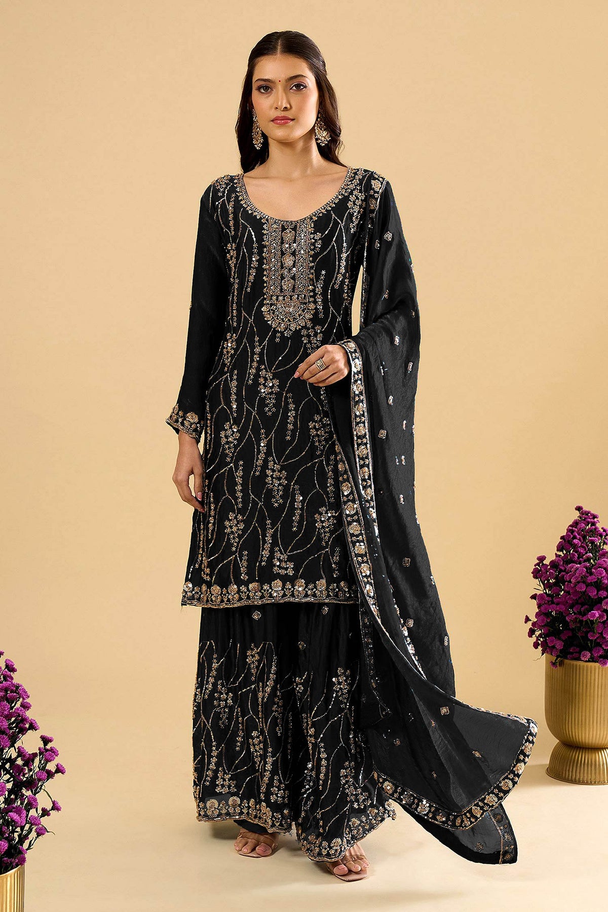 Black Fendy Silk Embroidered Palazzo Suit (Readymade)