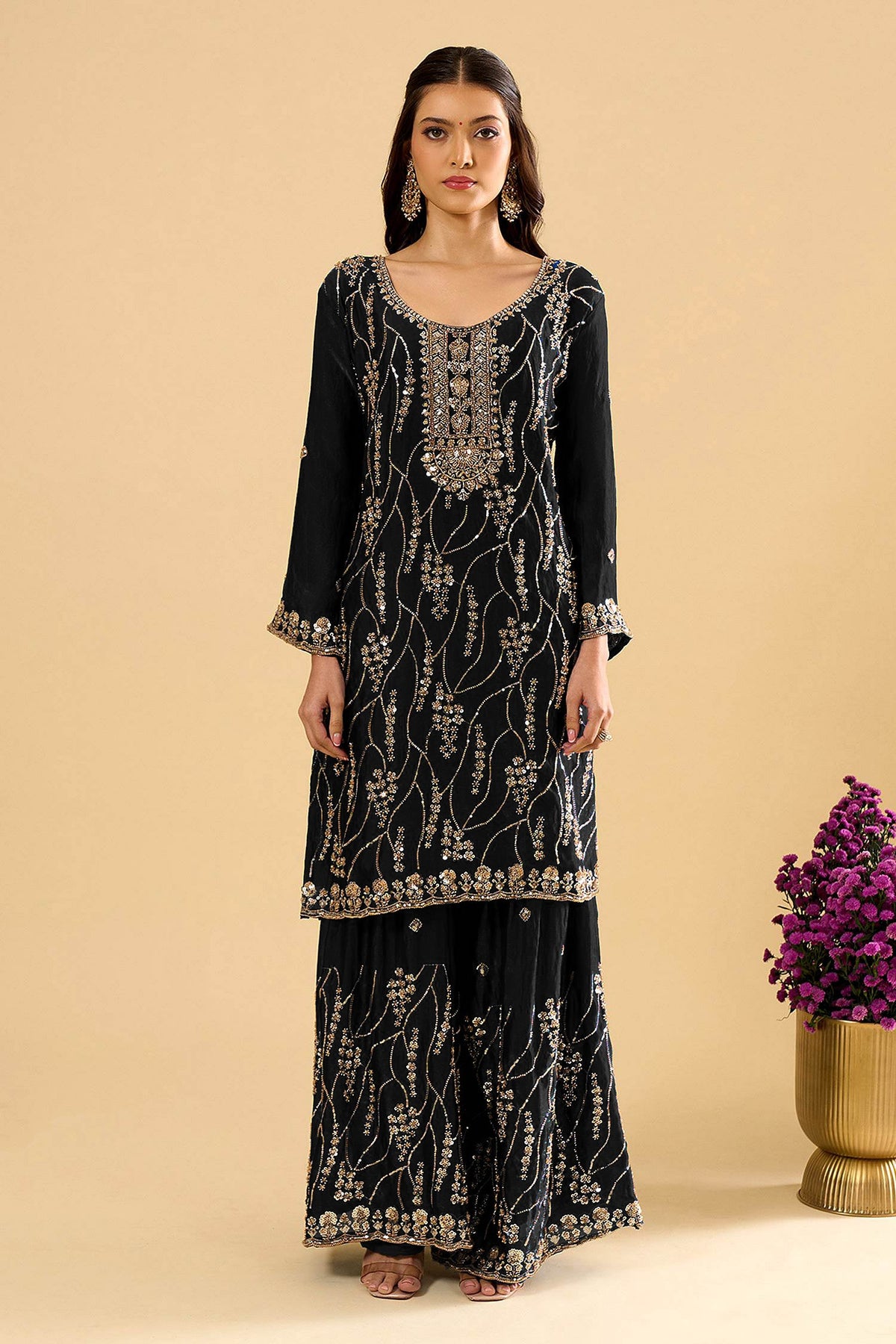 Black Fendy Silk Embroidered Palazzo Suit (Readymade)