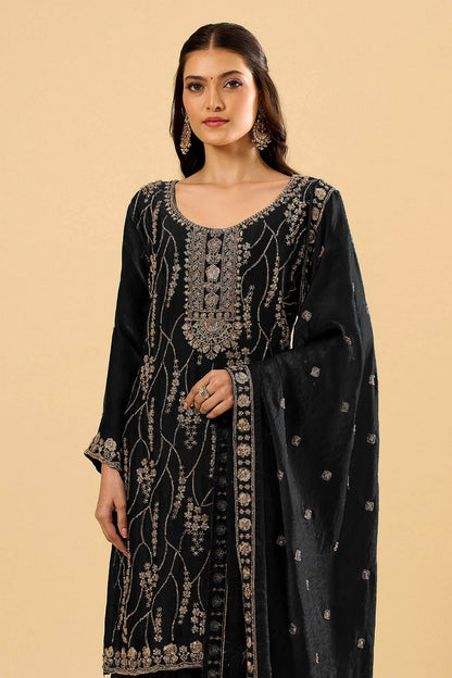 Black Fendy Silk Embroidered Palazzo Suit (Readymade)
