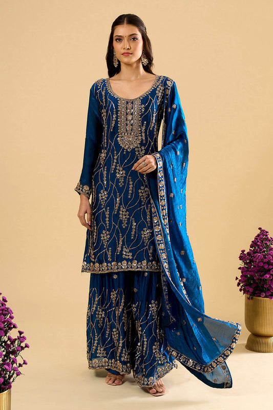 Blue Fendy Silk Embroidered Palazzo Suit (Readymade)
