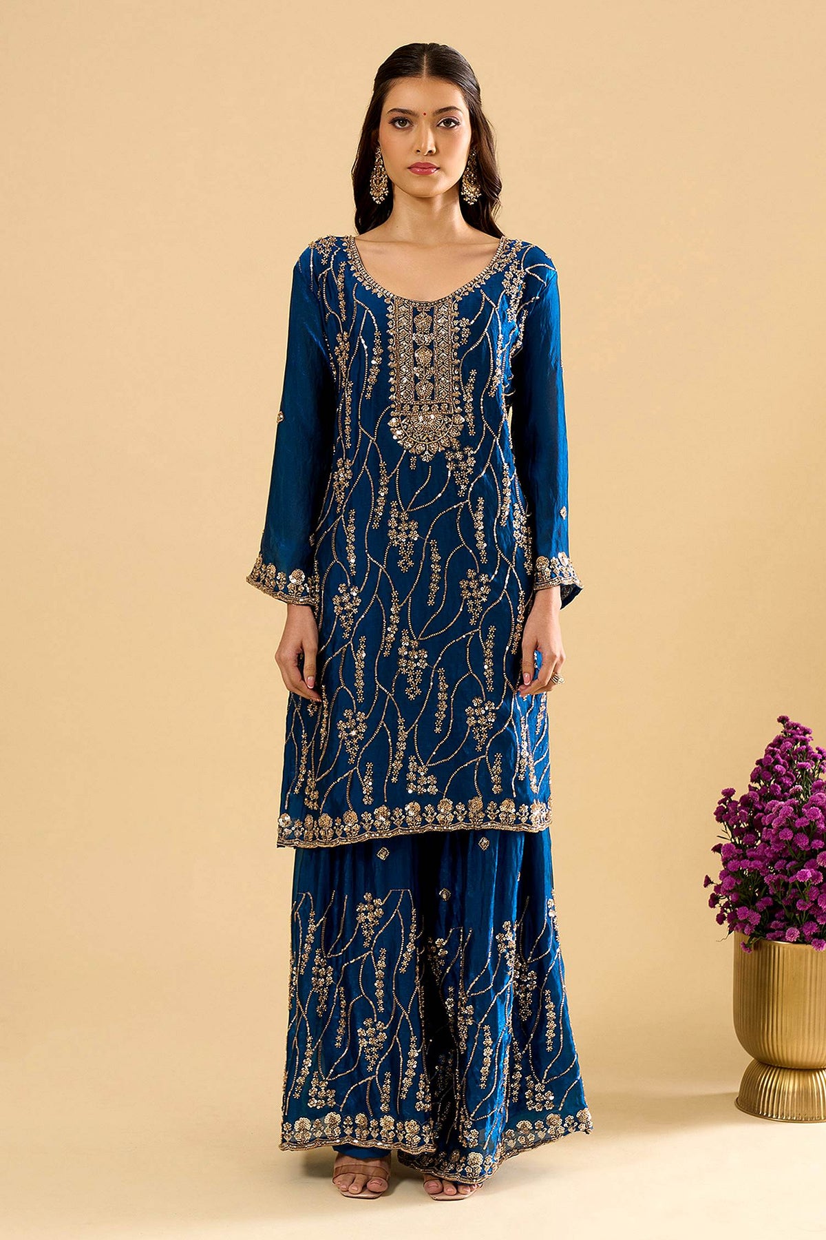 Blue Fendy Silk Embroidered Palazzo Suit (Readymade)