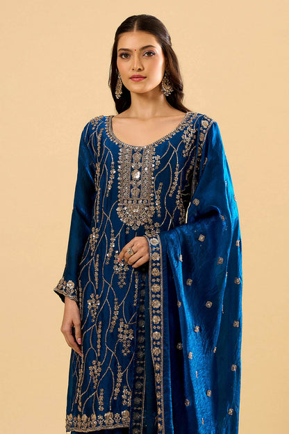 Blue Fendy Silk Embroidered Palazzo Suit (Readymade)
