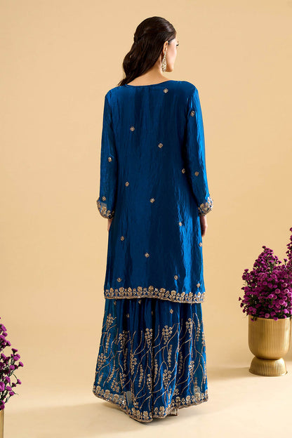 Blue Fendy Silk Embroidered Palazzo Suit (Readymade)