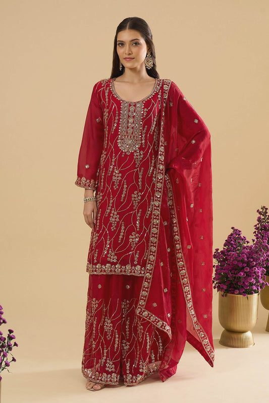Maroon Fendy Silk Embroidered Palazzo Suit (Readymade)