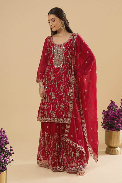 Maroon Fendy Silk Embroidered Palazzo Suit (Readymade)