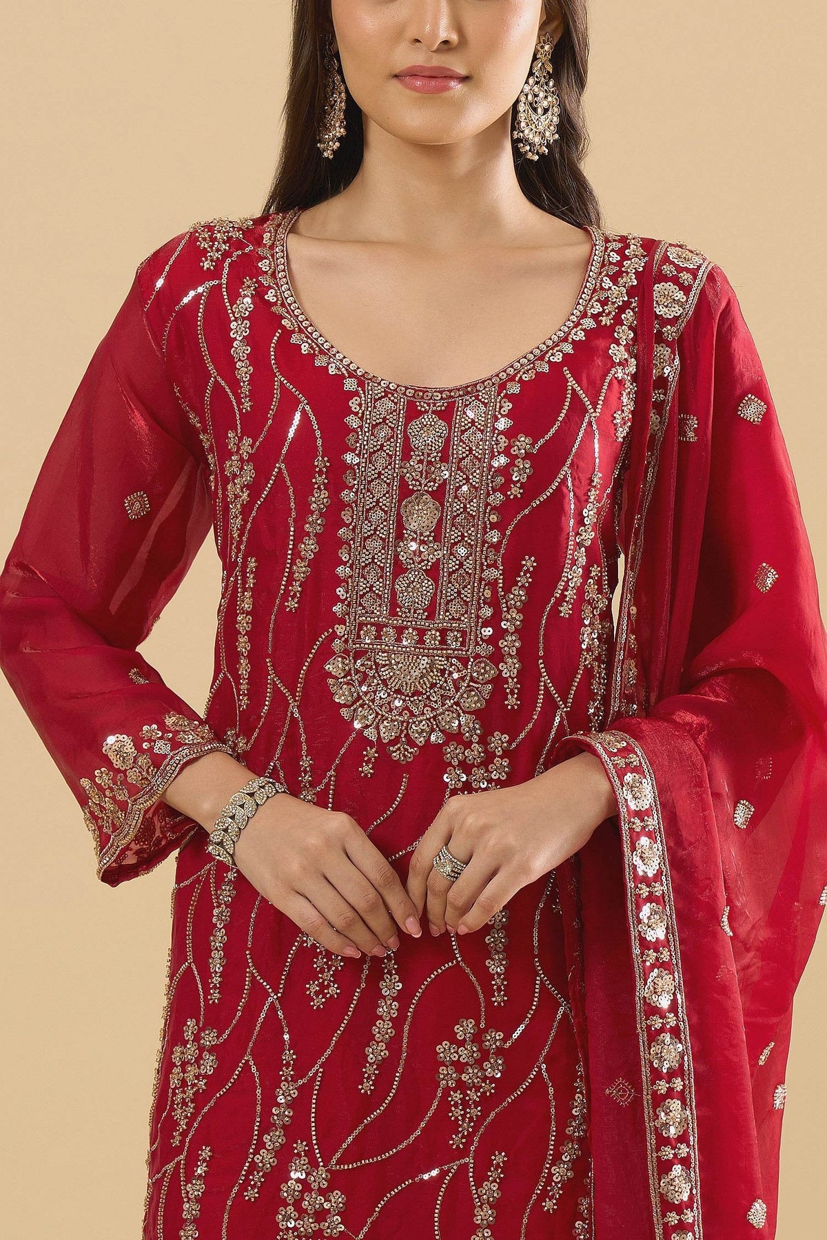 Maroon Fendy Silk Embroidered Palazzo Suit (Readymade)