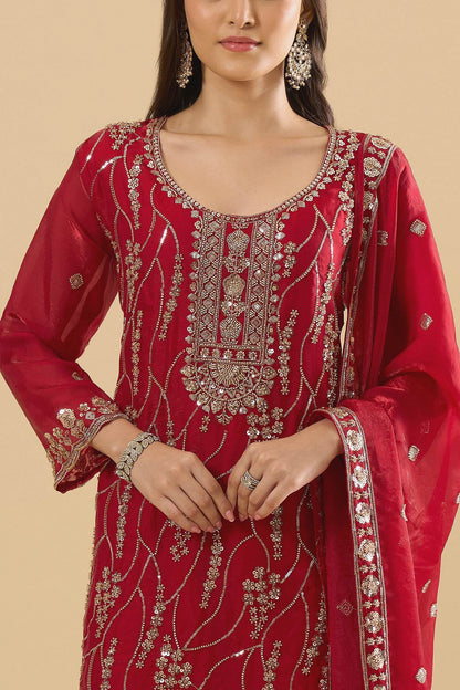 Maroon Fendy Silk Embroidered Palazzo Suit (Readymade)