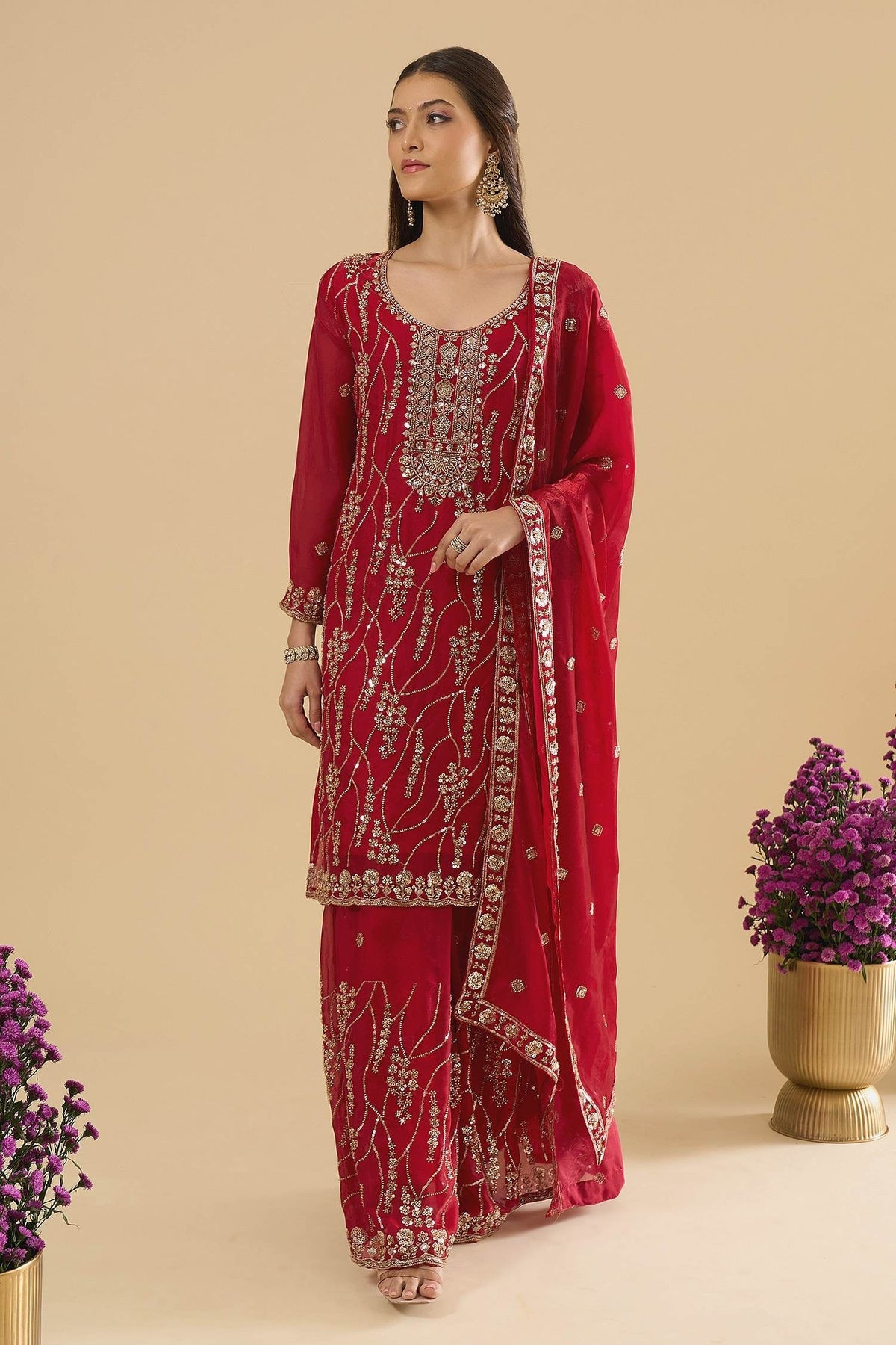 Maroon Fendy Silk Embroidered Palazzo Suit (Readymade)