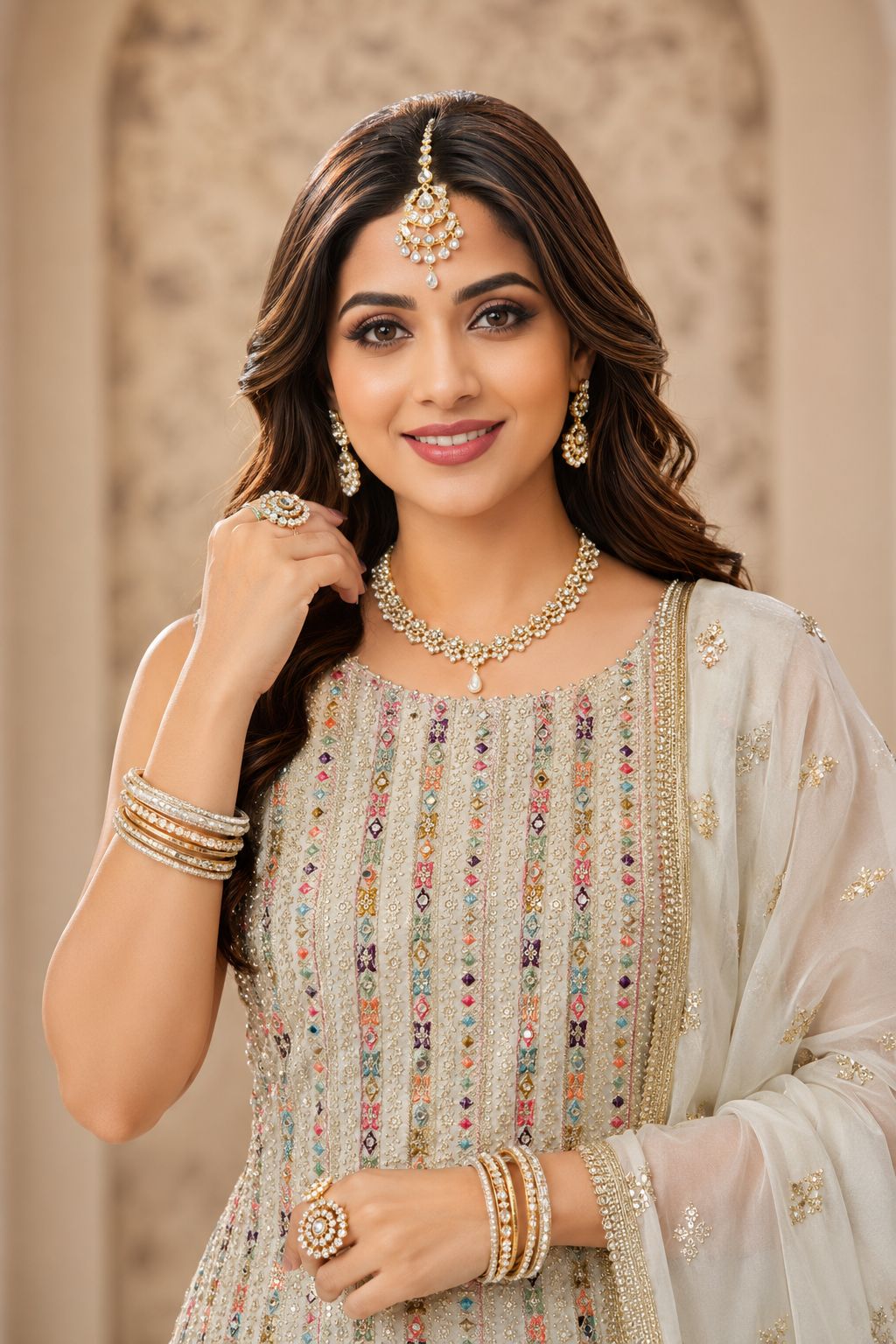 Off White Georgette Embroidered Swarovski Stones Work Sharara Suit (Free Size Stitched)