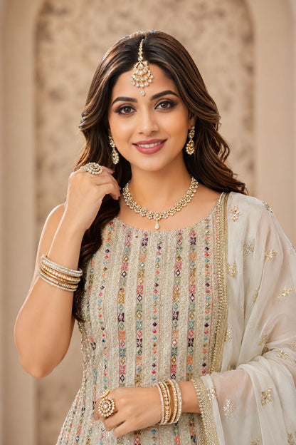Off White Georgette Embroidered Swarovski Stones Work Sharara Suit (Free Size Stitched)