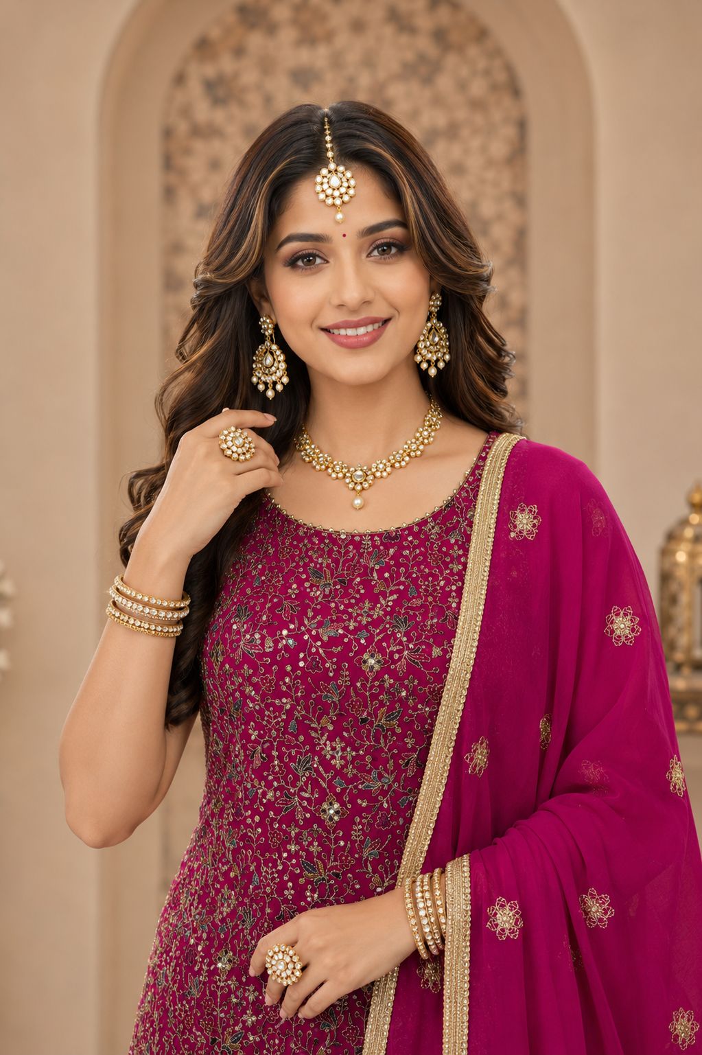 Magenta Georgette Embroidered Swarovski Stones Work Sharara Suit (Free Size Stitched)