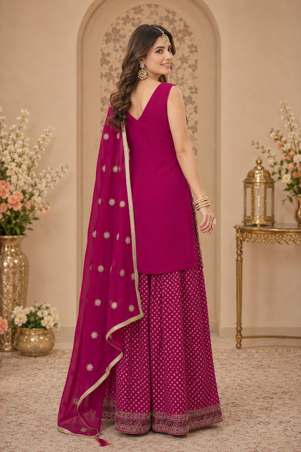 Magenta Georgette Embroidered Swarovski Stones Work Sharara Suit (Free Size Stitched)