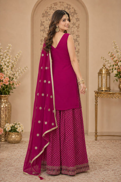 Magenta Georgette Embroidered Swarovski Stones Work Sharara Suit (Free Size Stitched)