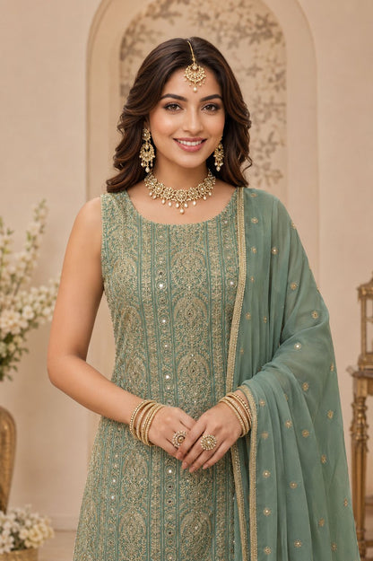 Pastel Green Georgette Embroidered Swarovski Stones Work Sharara Suit (Free Size Stitched)