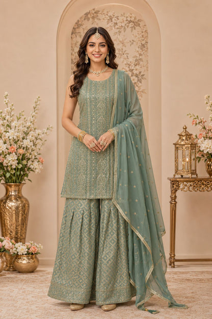 Pastel Green Georgette Embroidered Swarovski Stones Work Sharara Suit (Free Size Stitched)