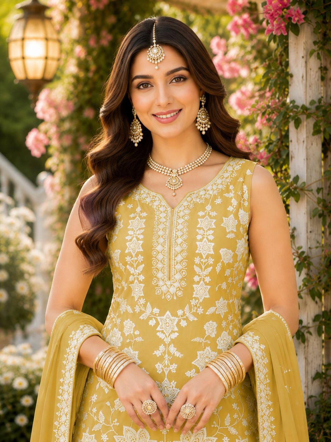 Ochre Yellow Embroidered & Khatli Work Gharara Suit (Free Size Stitched)
