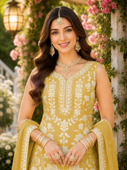 Ochre Yellow Embroidered & Khatli Work Gharara Suit (Free Size Stitched)