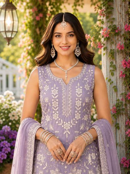 Lavender Embroidered & Khatli Work Gharara Suit (Free Size Stitched)