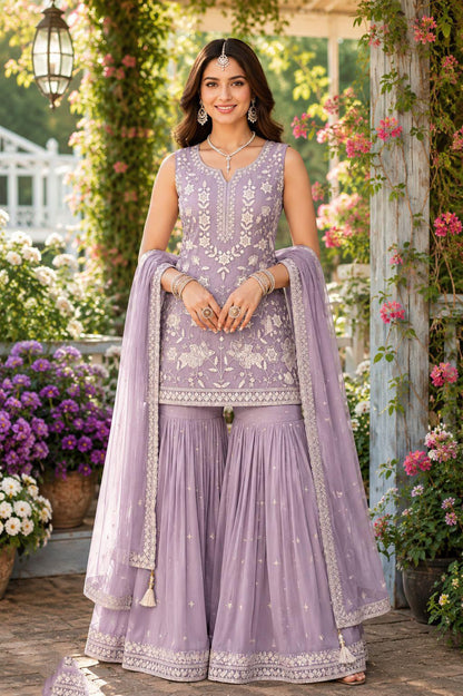 Lavender Embroidered & Khatli Work Gharara Suit (Free Size Stitched)