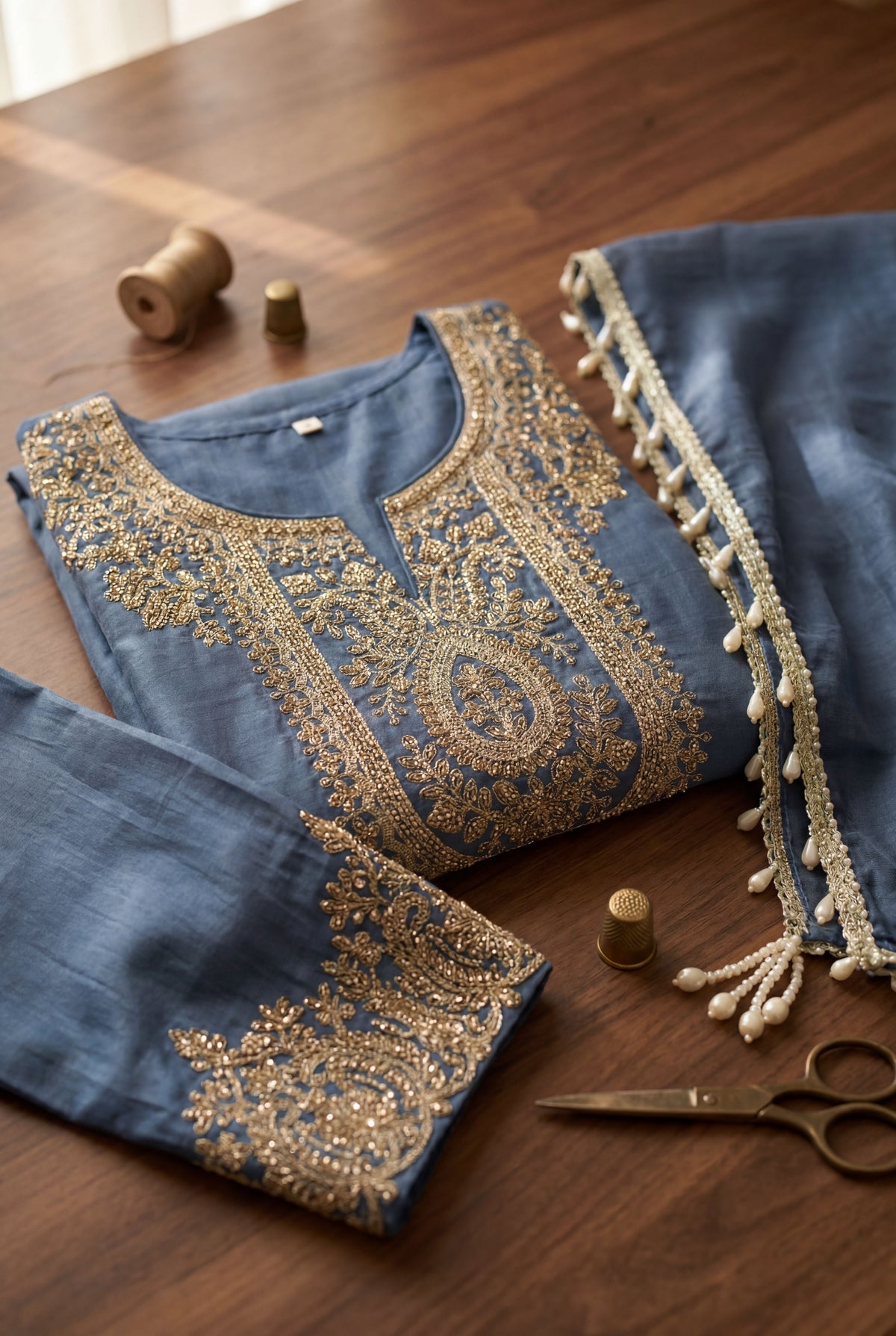 Blue Shimmer Tissue Embroidered Straight Suit (Readymade)
