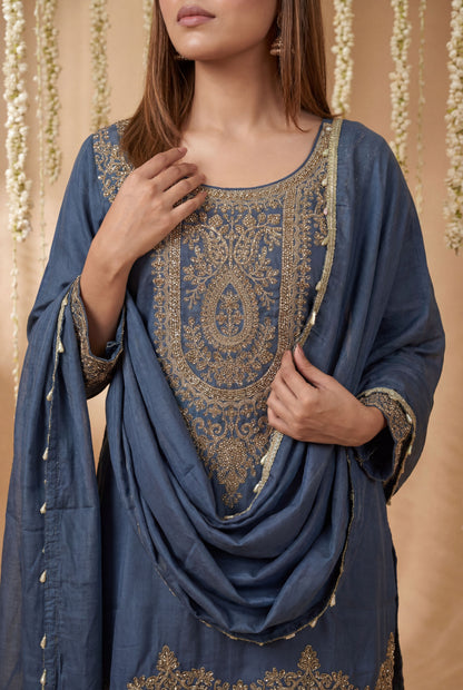 Blue Shimmer Tissue Embroidered Straight Suit (Readymade)