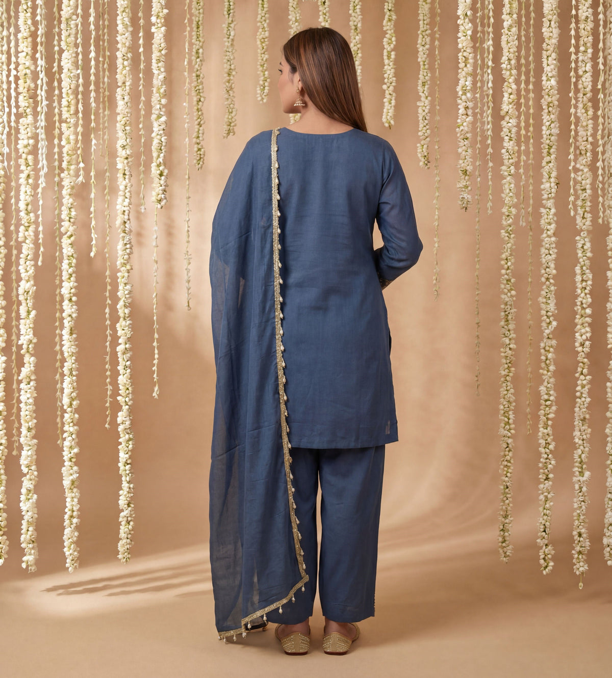 Blue Shimmer Tissue Embroidered Straight Suit (Readymade)