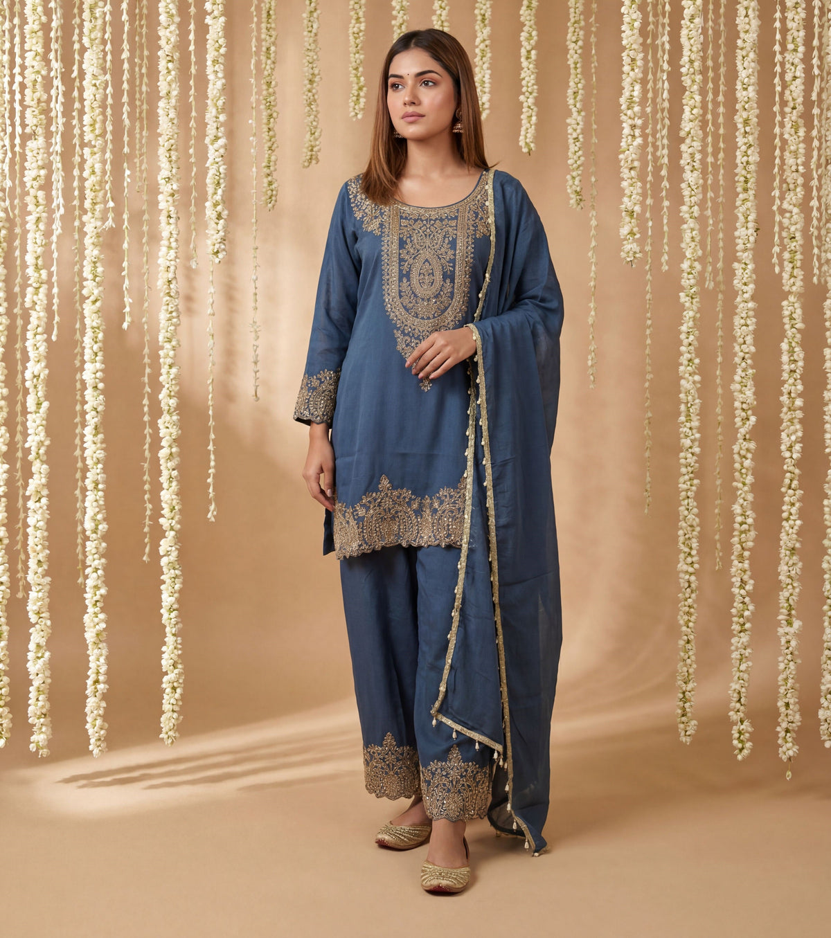 Blue Shimmer Tissue Embroidered Straight Suit (Readymade)