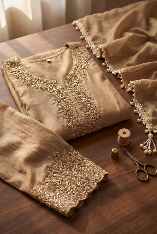 Beige Shimmer Tissue Embroidered Straight Suit (Readymade)