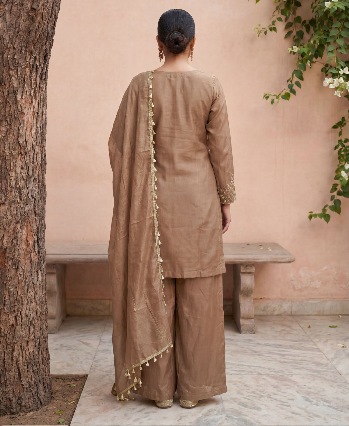 Beige Shimmer Tissue Embroidered Straight Suit (Readymade)