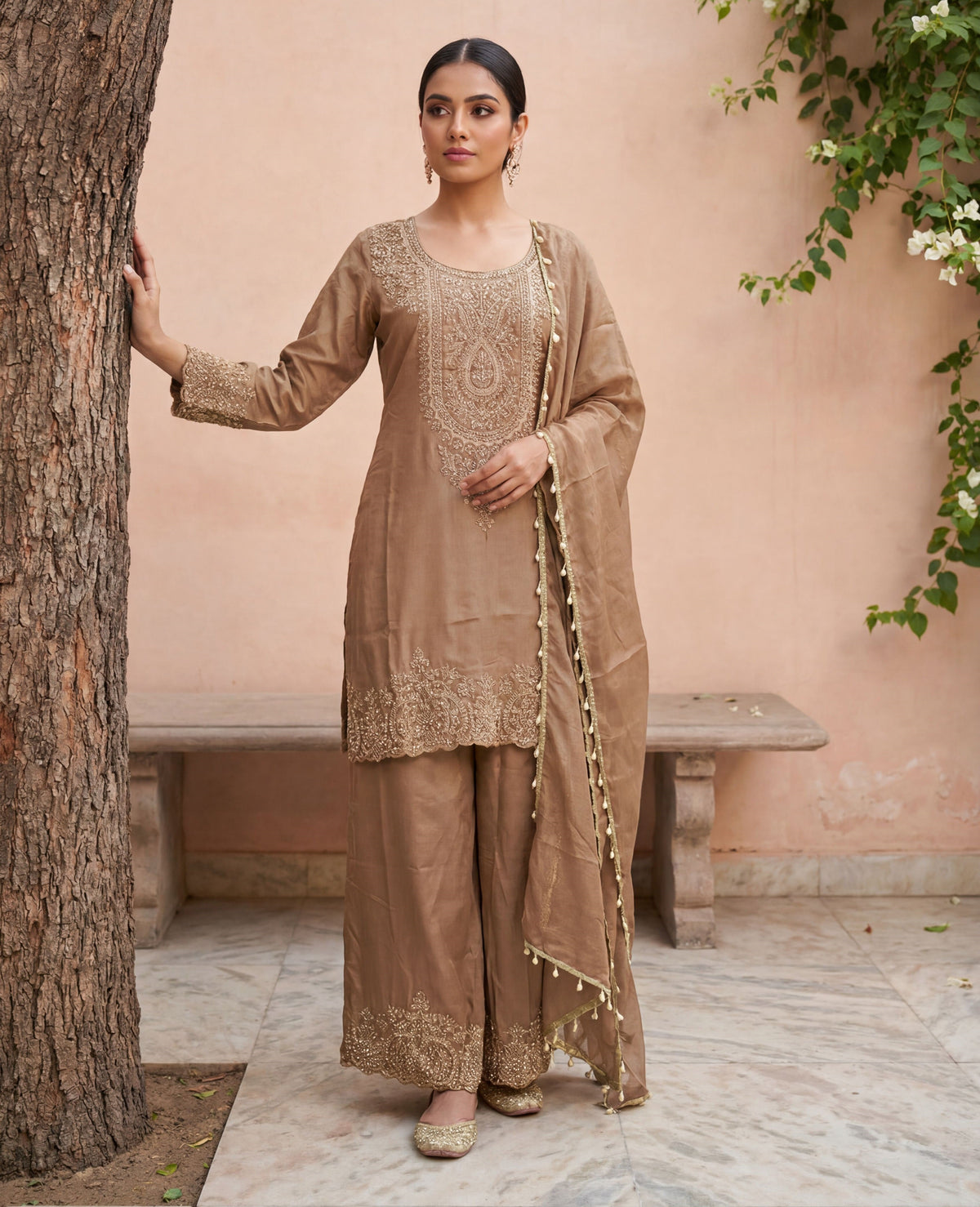 Beige Shimmer Tissue Embroidered Straight Suit (Readymade)