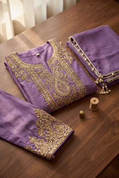 Lavender Shimmer Tissue Embroidered Straight Suit (Readymade)