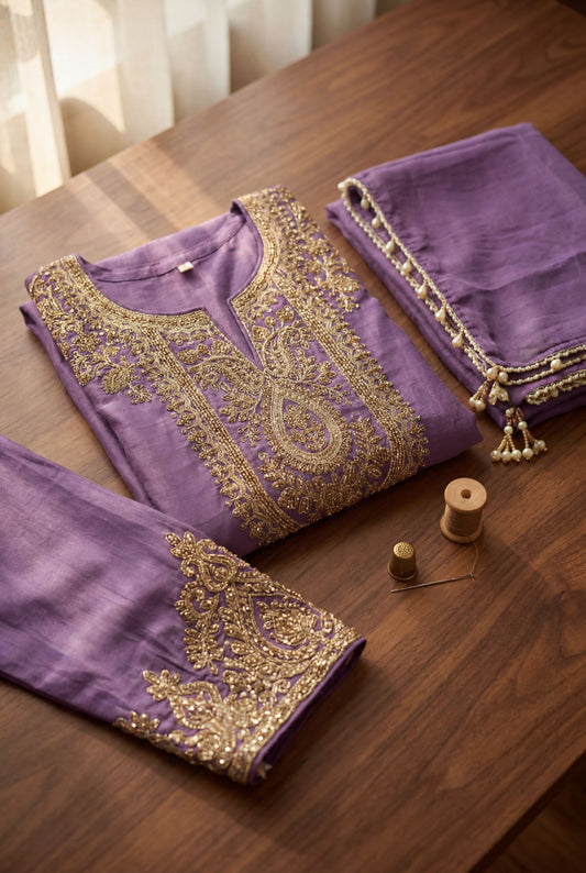 Lavender Shimmer Tissue Embroidered Straight Suit (Readymade)