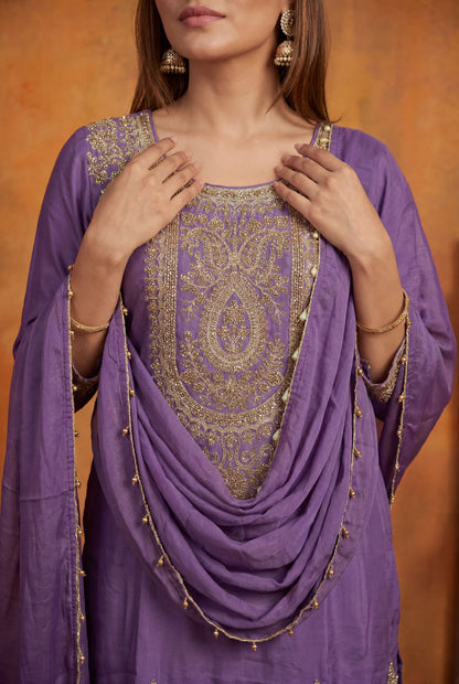 Lavender Shimmer Tissue Embroidered Straight Suit (Readymade)