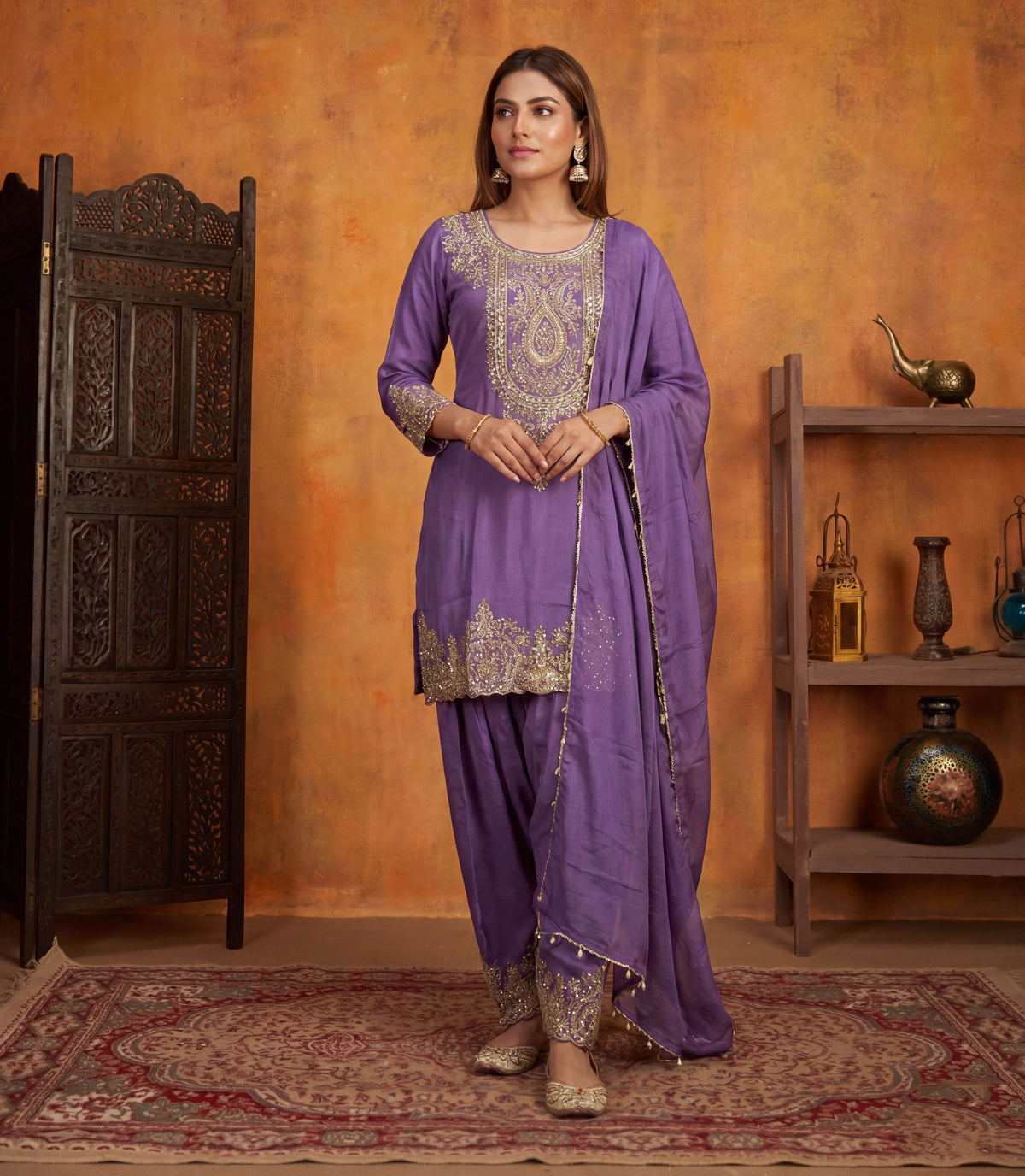 Lavender Shimmer Tissue Embroidered Straight Suit (Readymade)