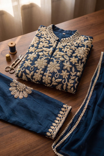 Blue Chinon Embroidered Palazzo Suit (Readymade)