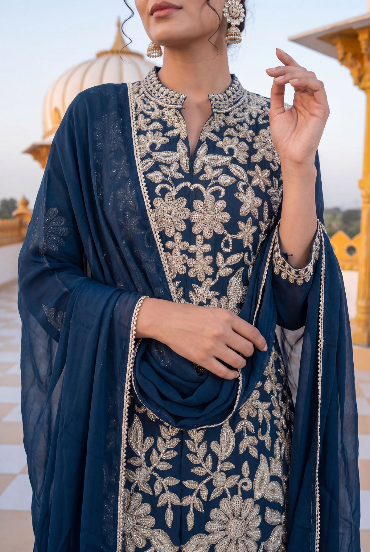 Blue Chinon Embroidered Palazzo Suit (Readymade)