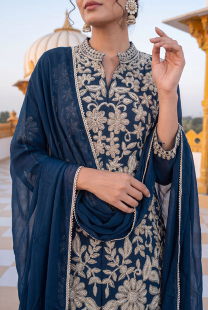 Blue Chinon Embroidered Palazzo Suit (Readymade)