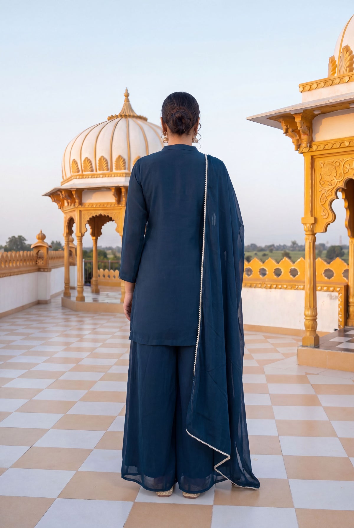 Blue Chinon Embroidered Palazzo Suit (Readymade)