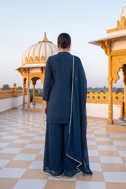 Blue Chinon Embroidered Palazzo Suit (Readymade)