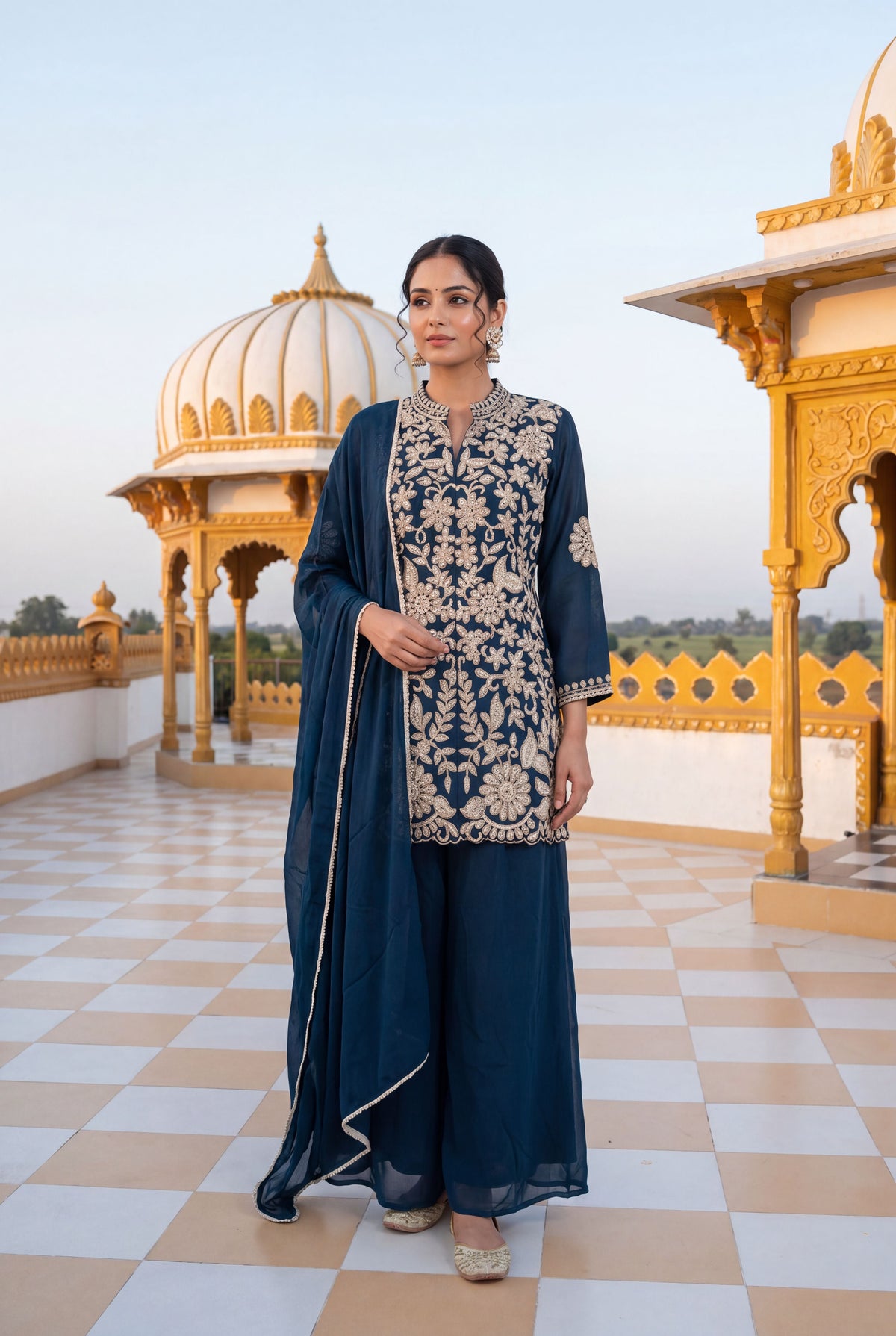 Blue Chinon Embroidered Palazzo Suit (Readymade)