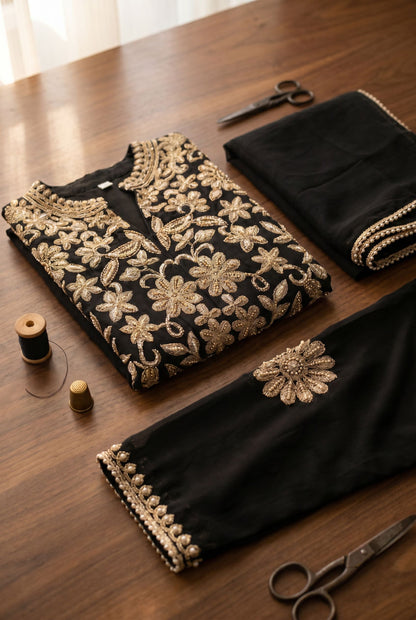 Black Chinon Embroidered Palazzo Suit (Readymade)