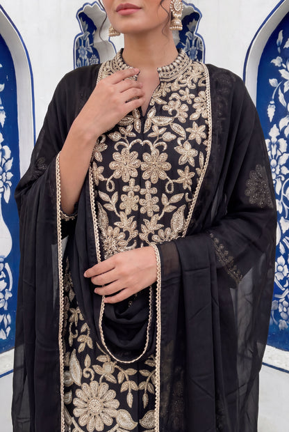 Black Chinon Embroidered Palazzo Suit (Readymade)