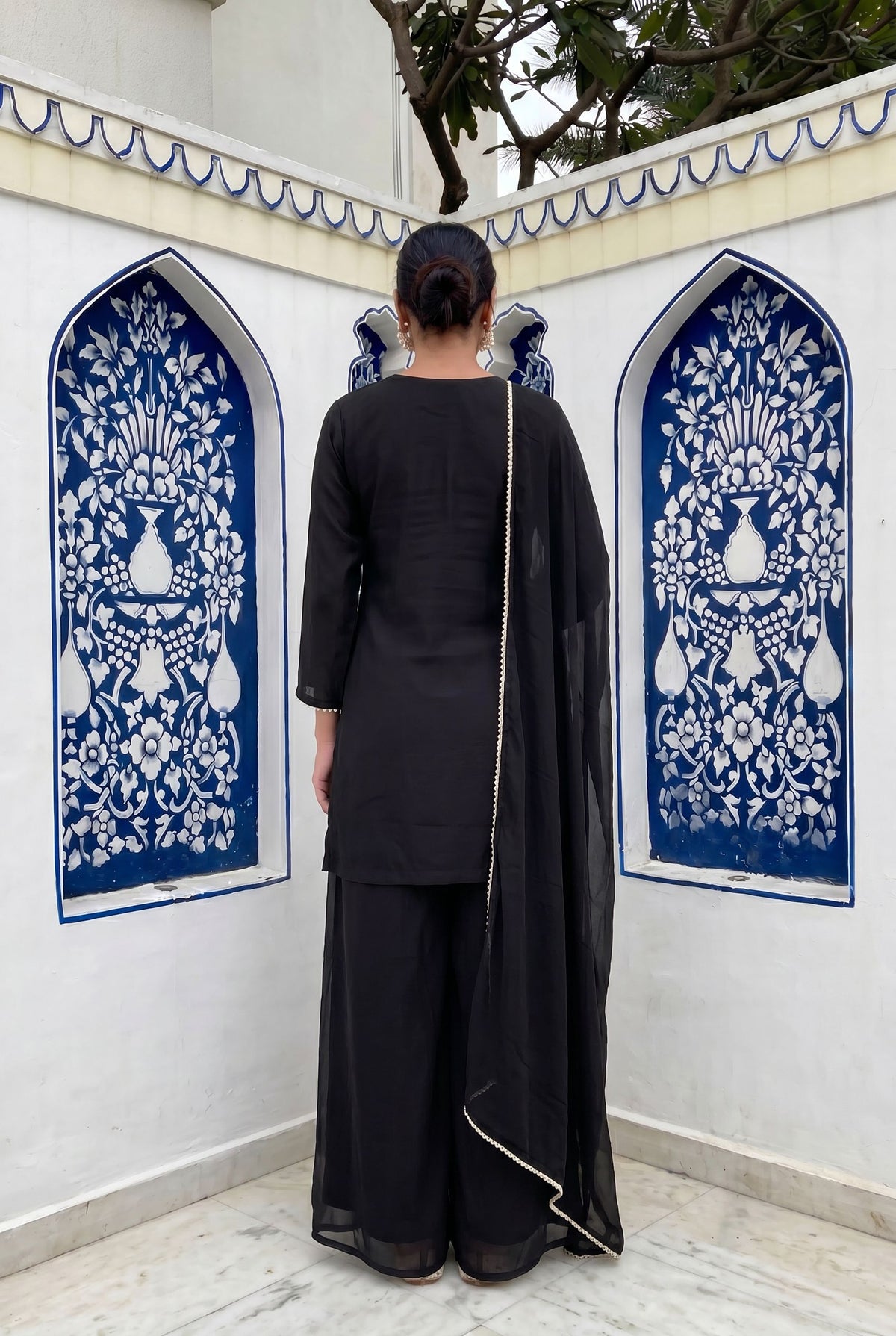 Black Chinon Embroidered Palazzo Suit (Readymade)