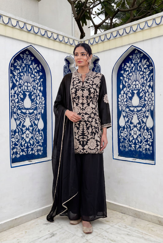 Black Chinon Embroidered Palazzo Suit (Readymade)